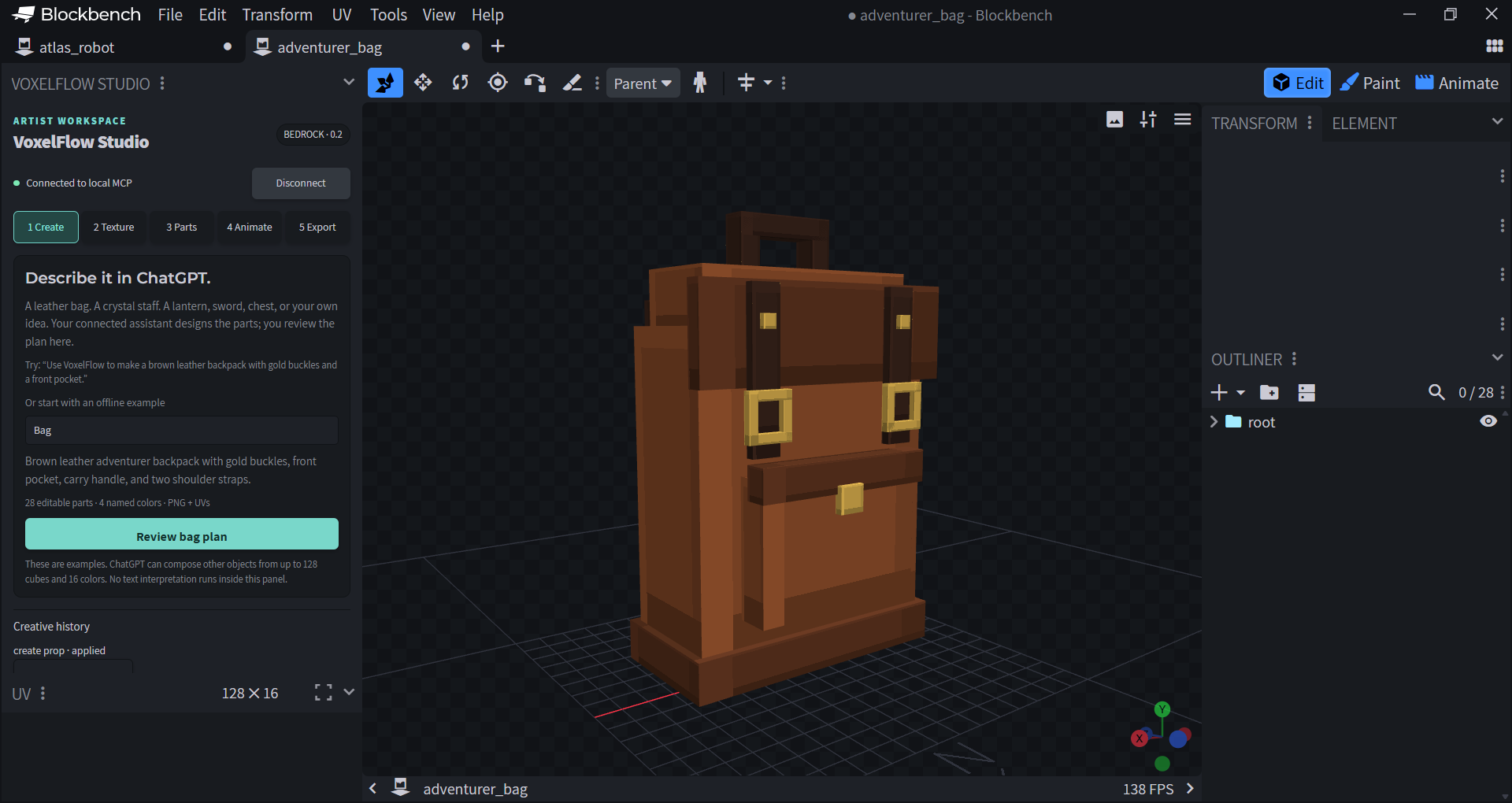 The actual adventurer backpack sample in Blockbench